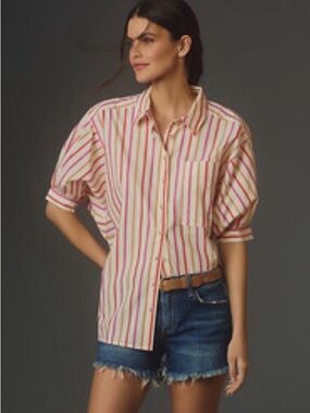 Pilcro Painters Button Down Shirt Size Large Red Pink Brown Stripes